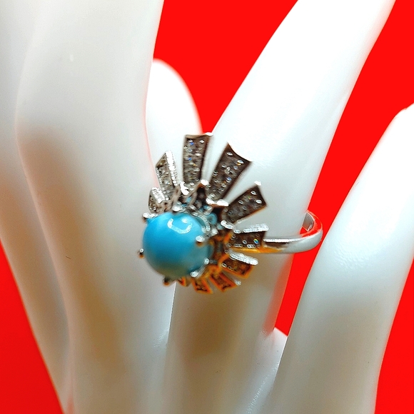 Natural Blue Larimar‎ 7mm & Cz 925 Sterling Silver Ring Size 6 - Picture 2 of 5